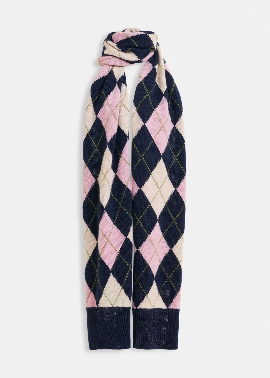 Navy, pink and light pink argyle wool-Blend scarf with ribbed trims