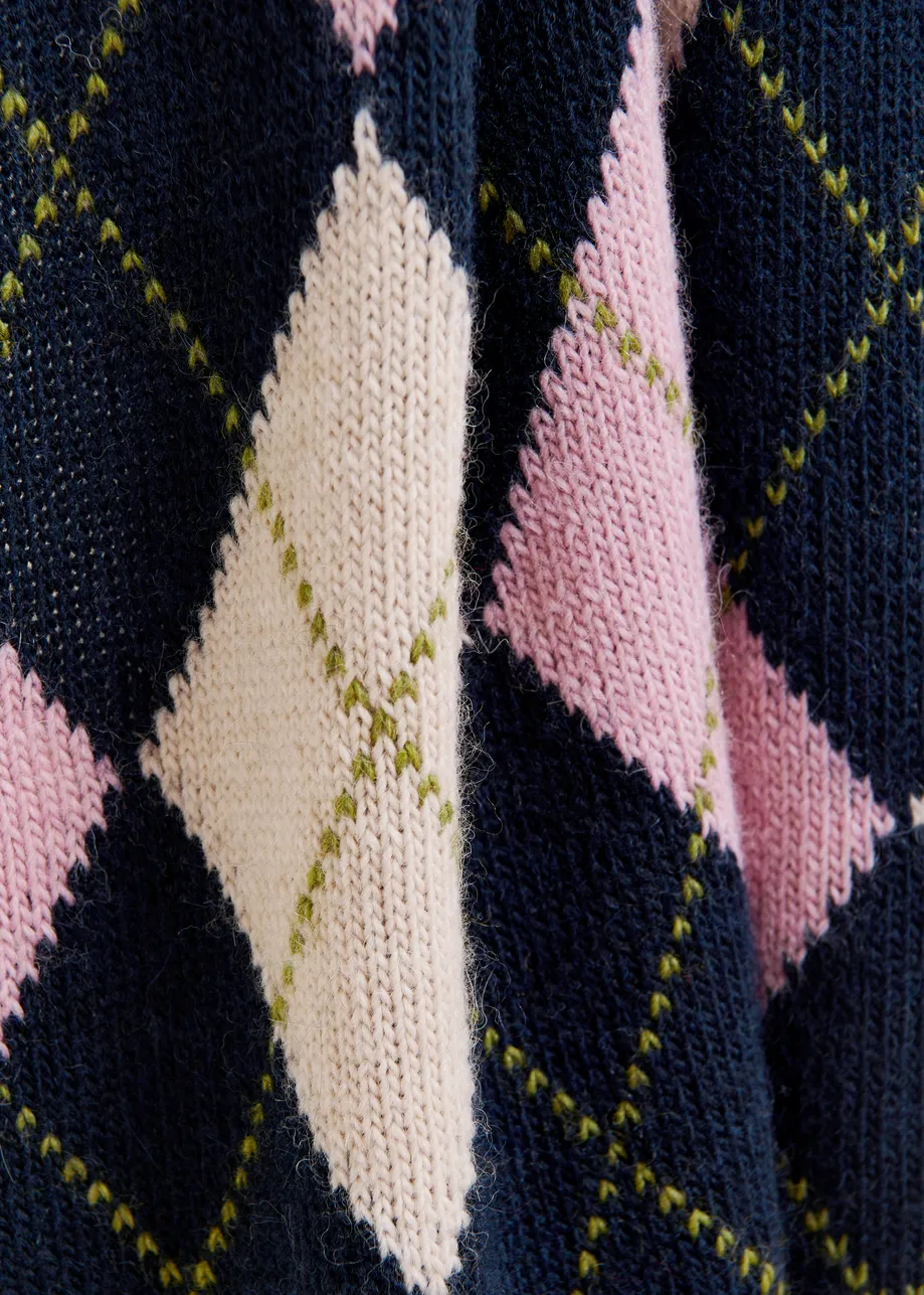 Navy, pink and light pink argyle wool-Blend scarf with ribbed trims