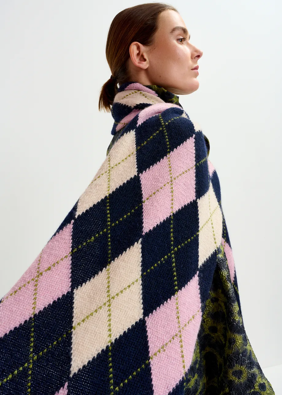 Navy, pink and light pink argyle wool-Blend scarf with ribbed trims