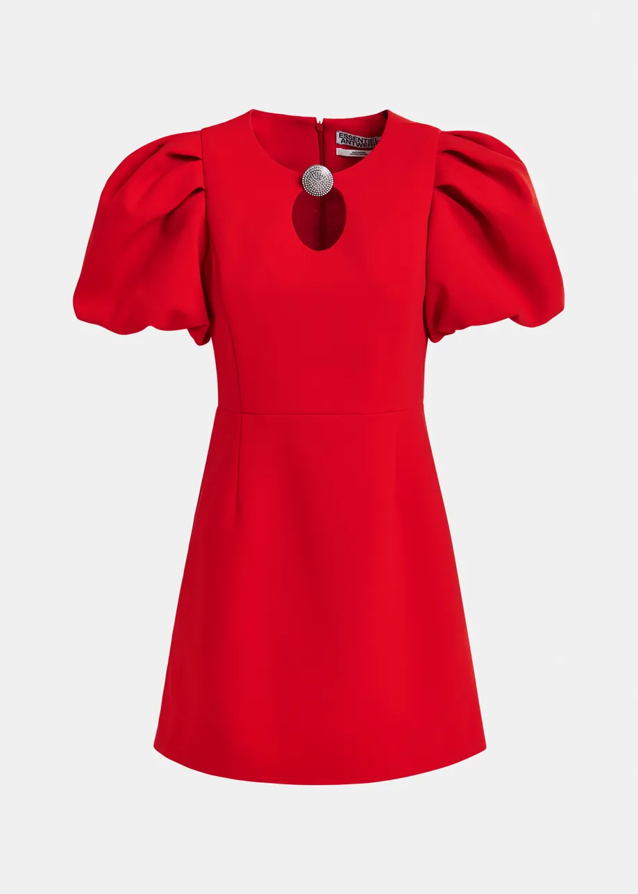 Red mini dress with voluminous sleeves and jewel embellishment
