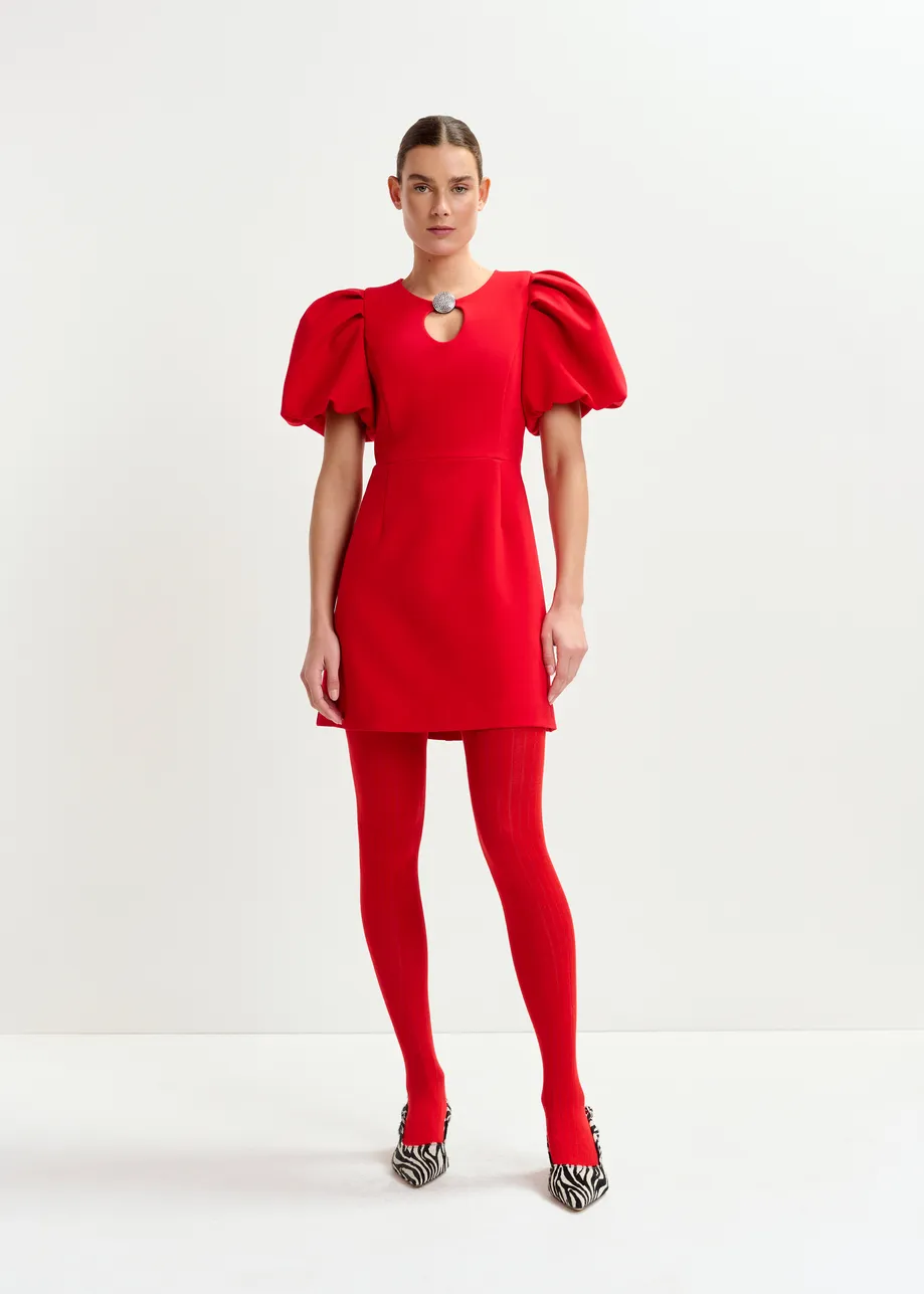 Red mini dress with voluminous sleeves and jewel embellishment
