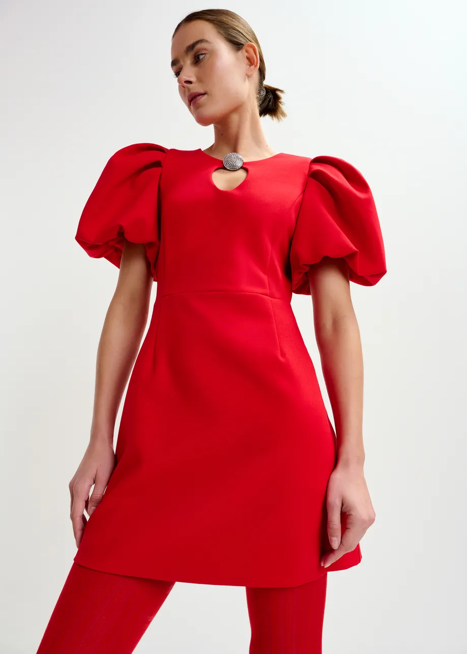 Red mini dress with voluminous sleeves and jewel embellishment
