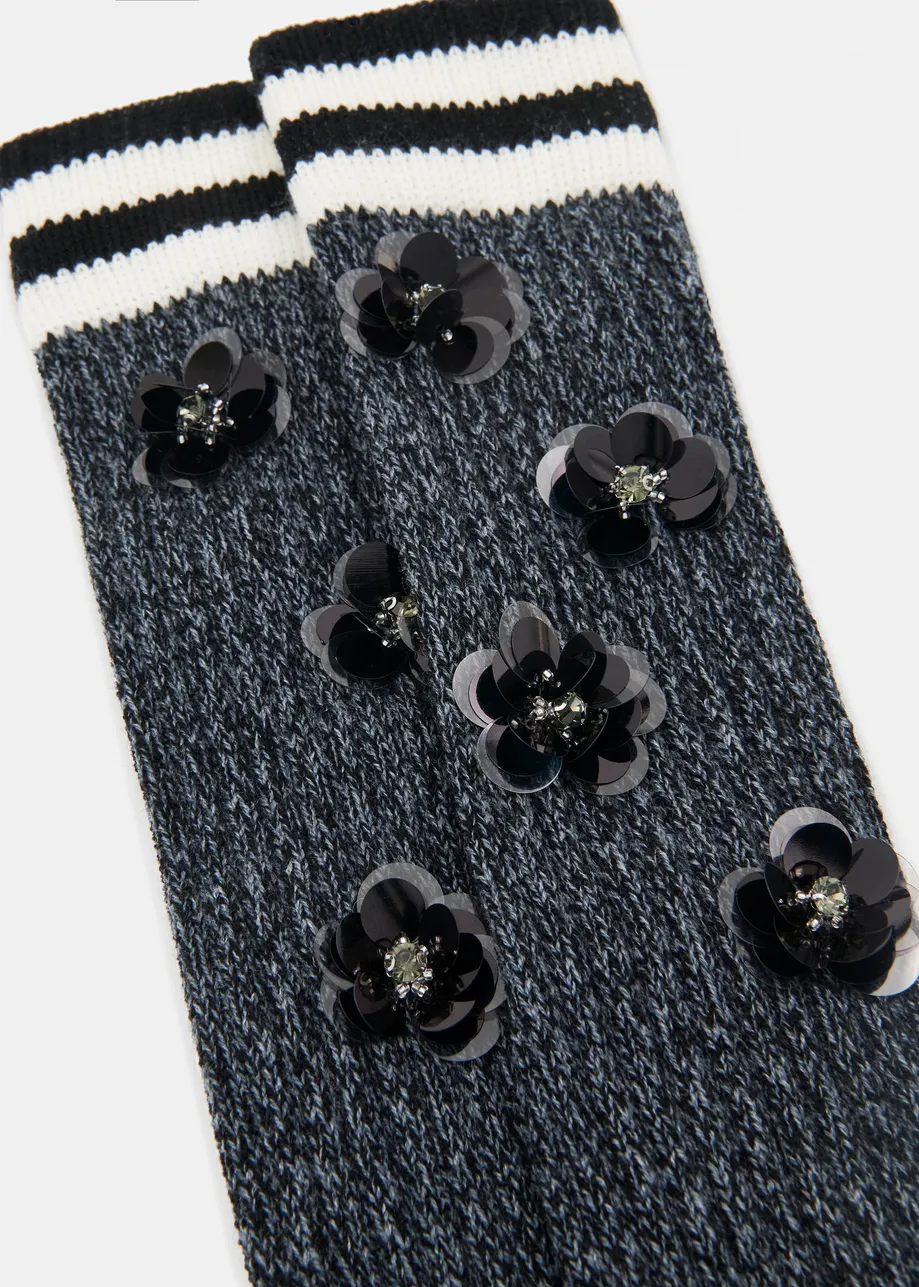 Grijze, zwarte en witte ribgebreide arm-/beenwarmers met stras en pailletten