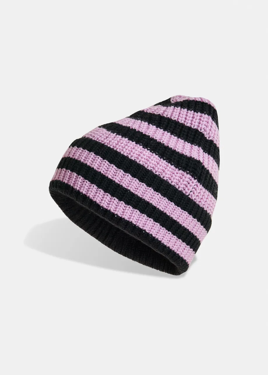 Navy and purple wool-blend striped beanie