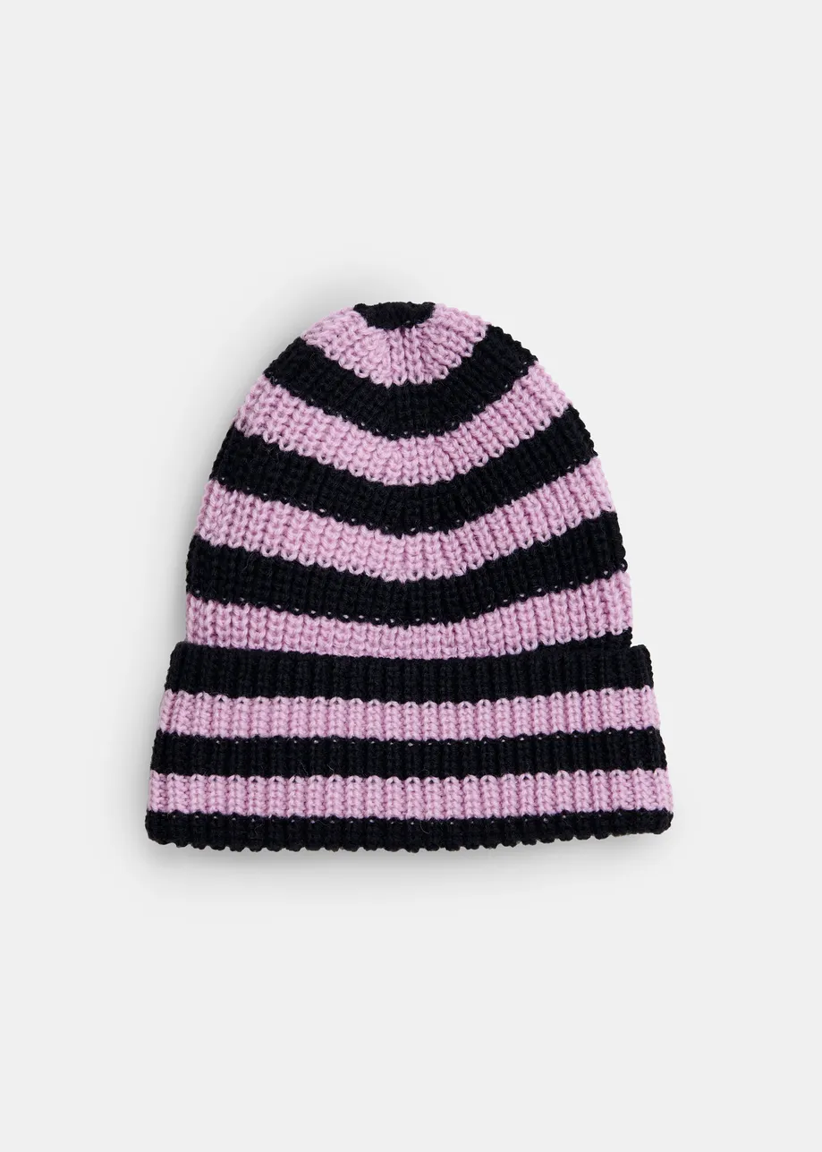 Gestreifte Mütze aus Wollmischgewebe in Marineblau und Violett