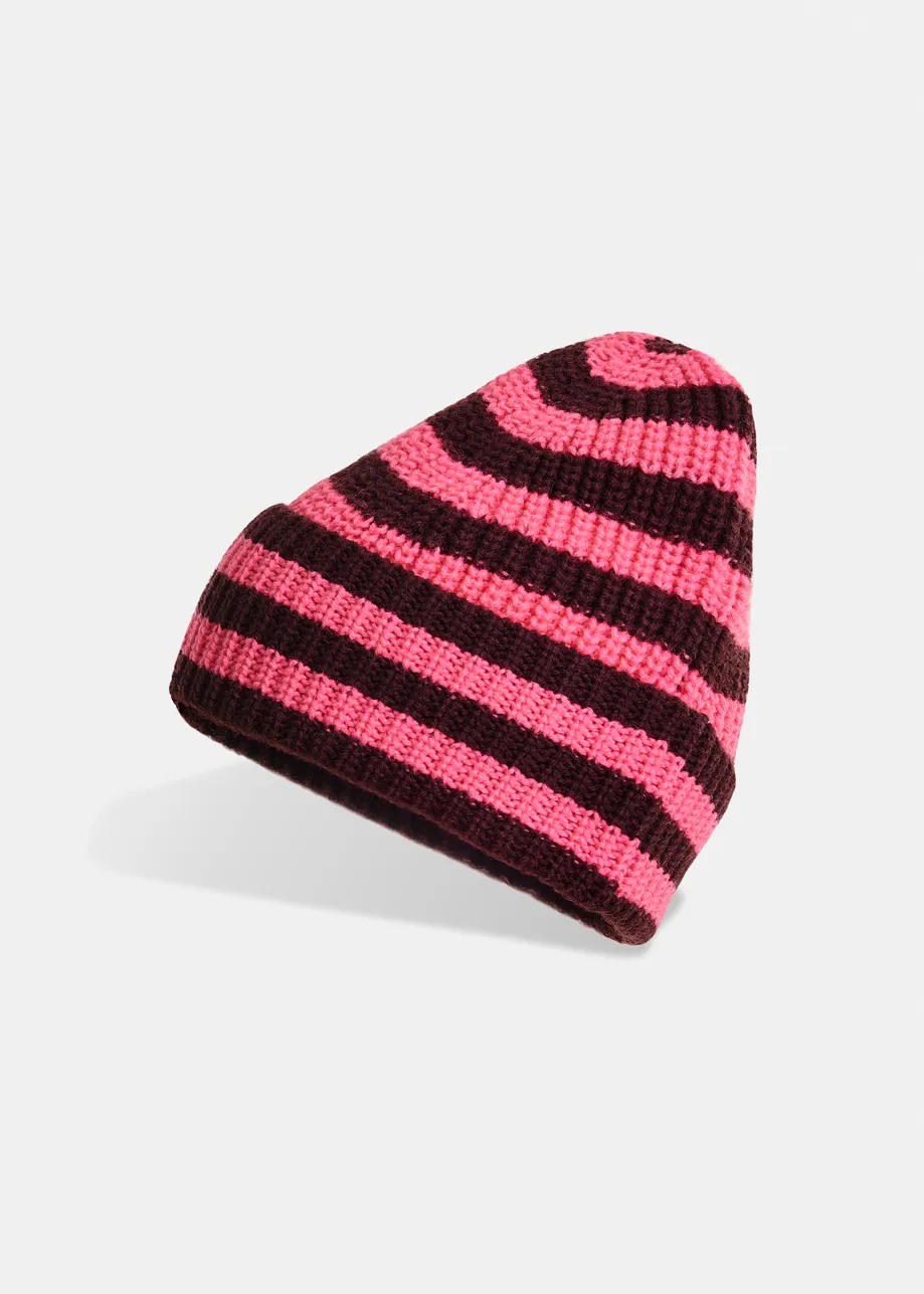 Burgundy and pink wool-blend striped beanie