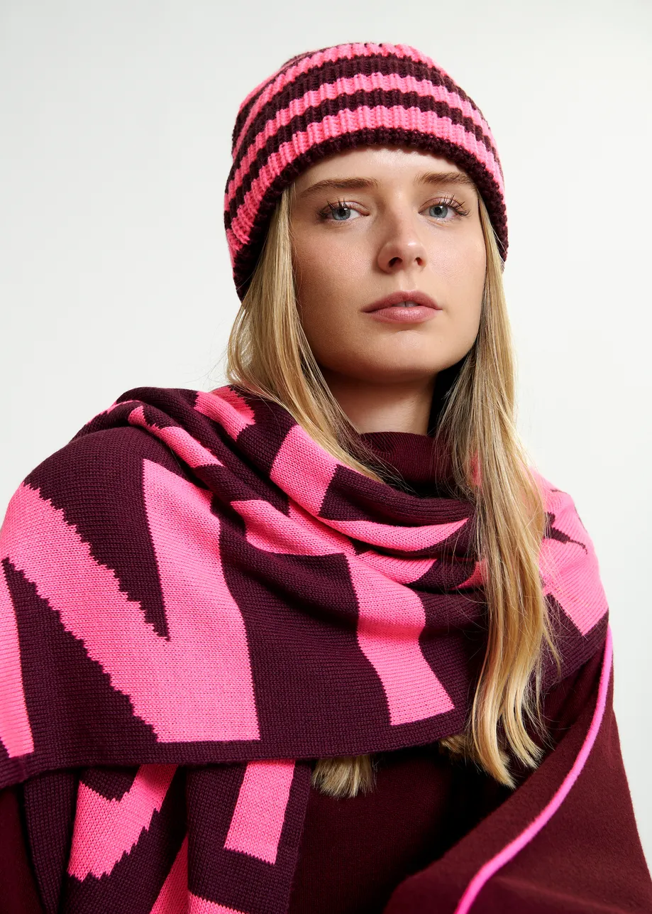 Burgundy and pink wool-blend striped beanie