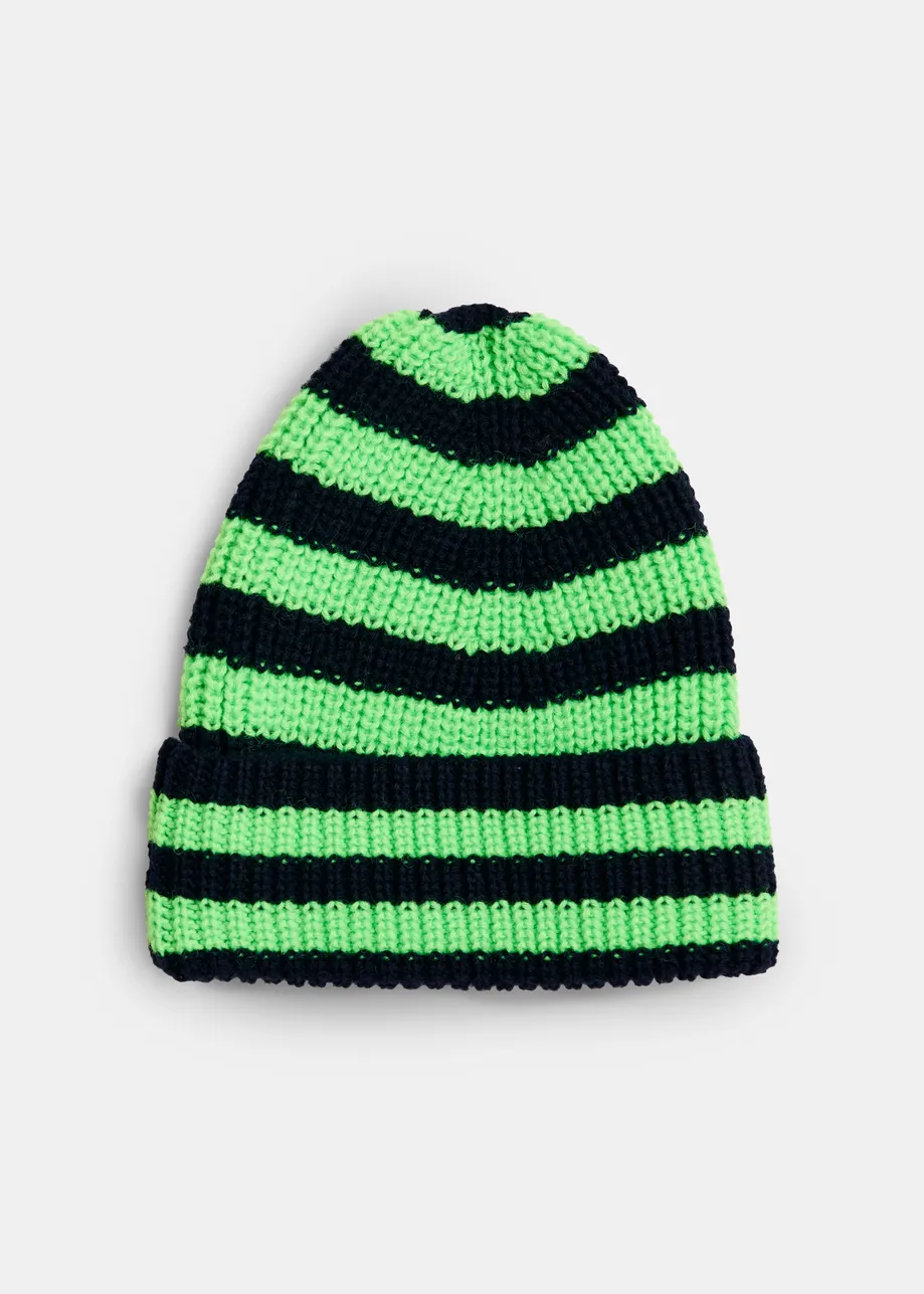 Black and green wool-blend striped beanie