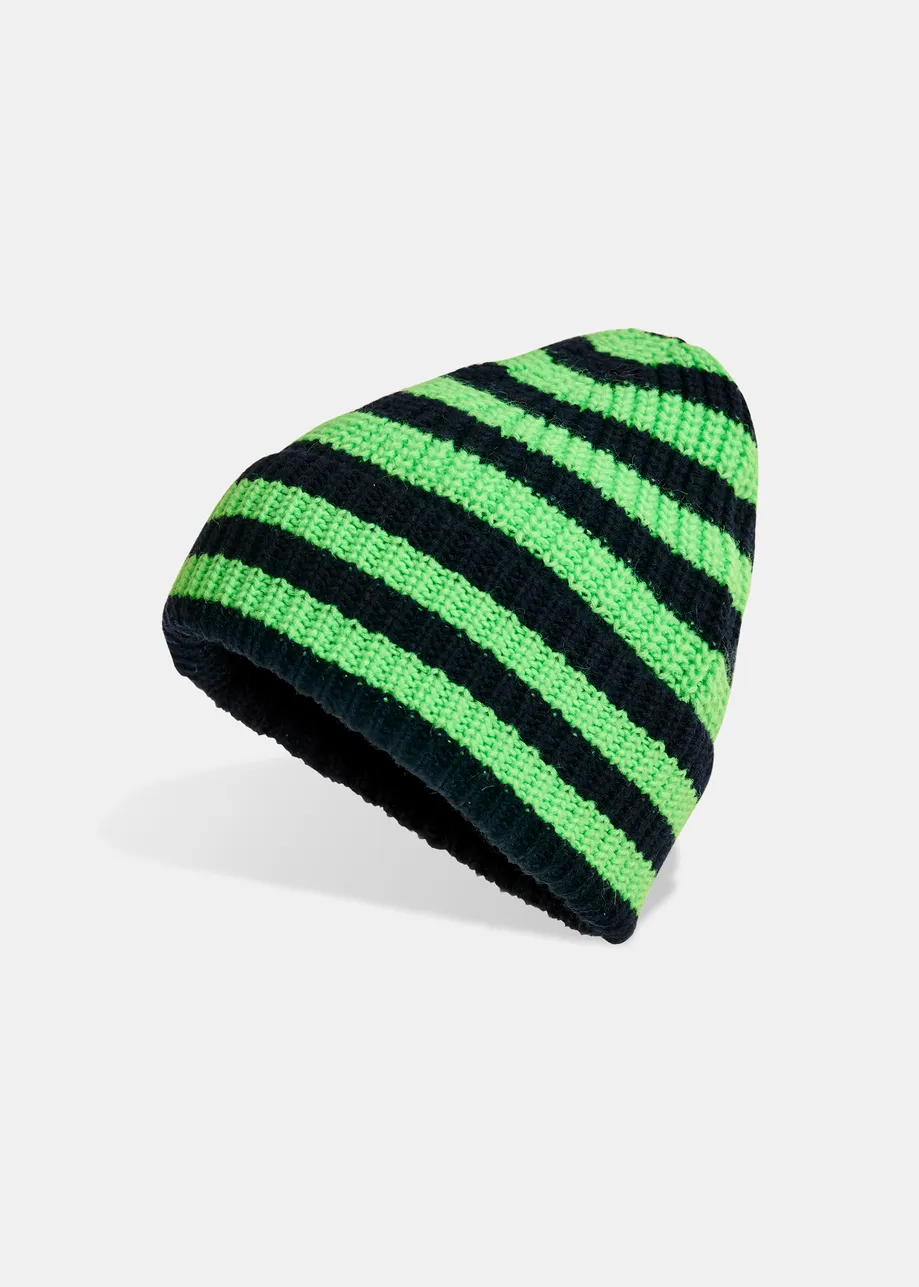 Black and green wool-blend striped beanie