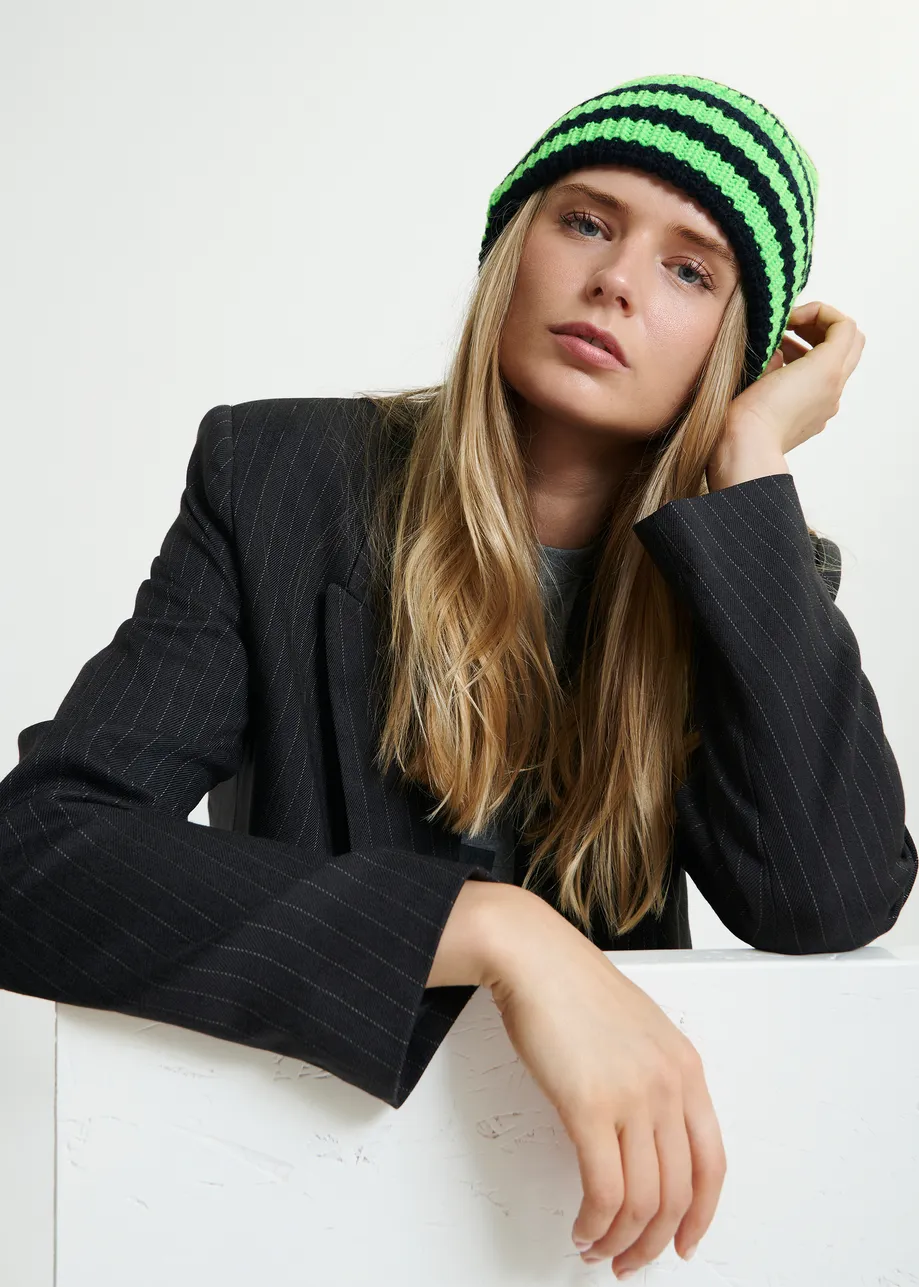 Black and green wool-blend striped beanie