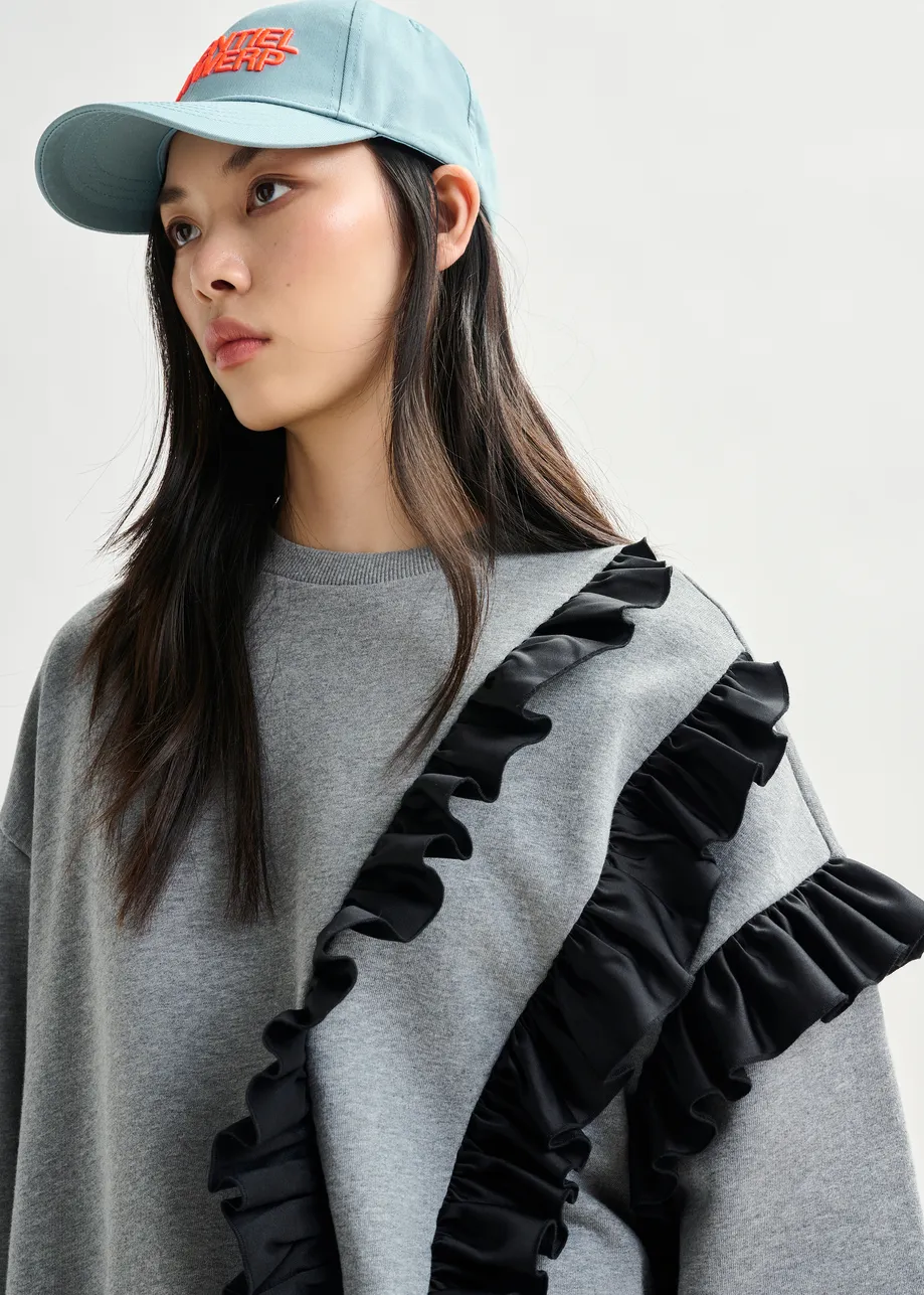 Grijze katoenmix sweater met volantdetails