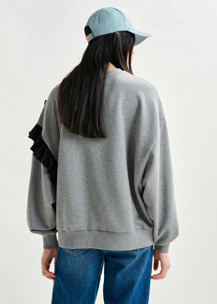 Grijze katoenmix sweater met volantdetails