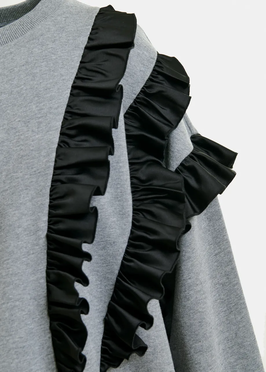 Grijze katoenmix sweater met volantdetails