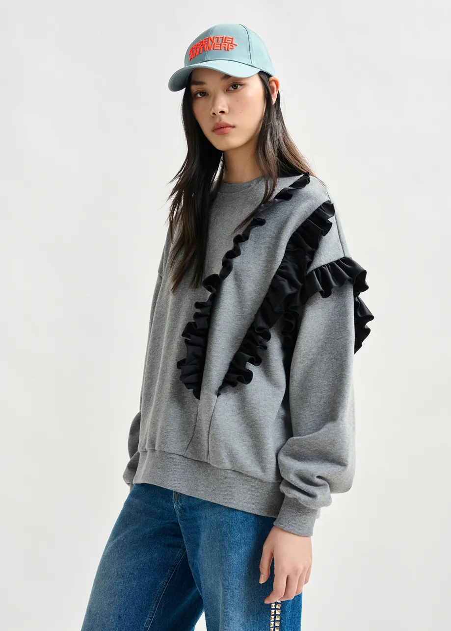 Grijze katoenmix sweater met volantdetails