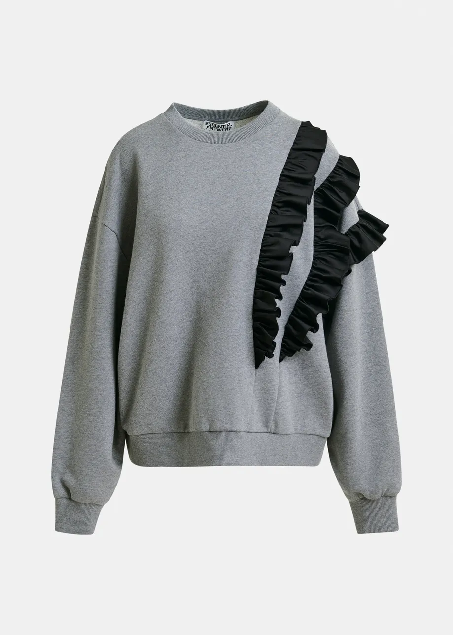 Grey cotton-blend sweatshirt with ruffle details