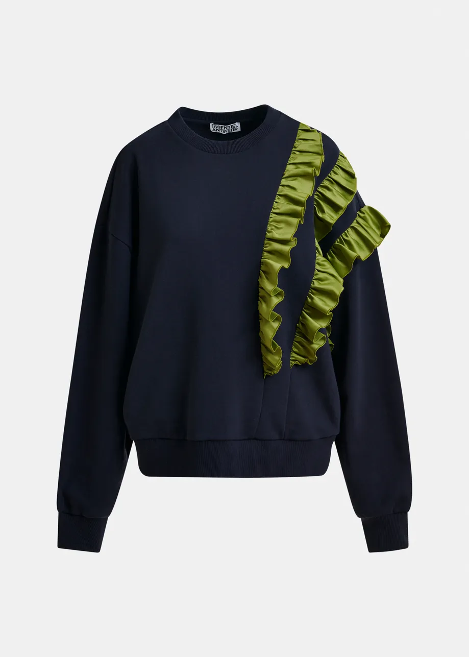 Navy cotton-blend sweatshirt with ruffle details