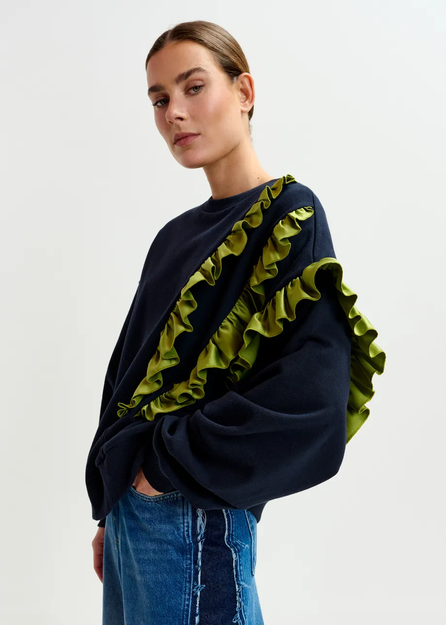 Navy cotton-blend sweatshirt with ruffle details