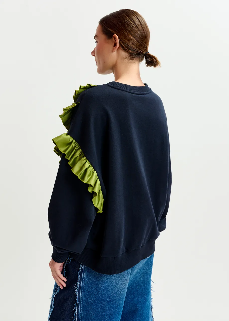 Navy cotton-blend sweatshirt with ruffle details