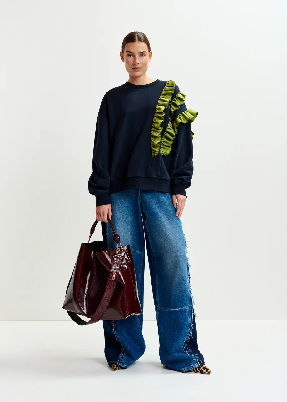 Navy cotton-blend sweatshirt with ruffle details