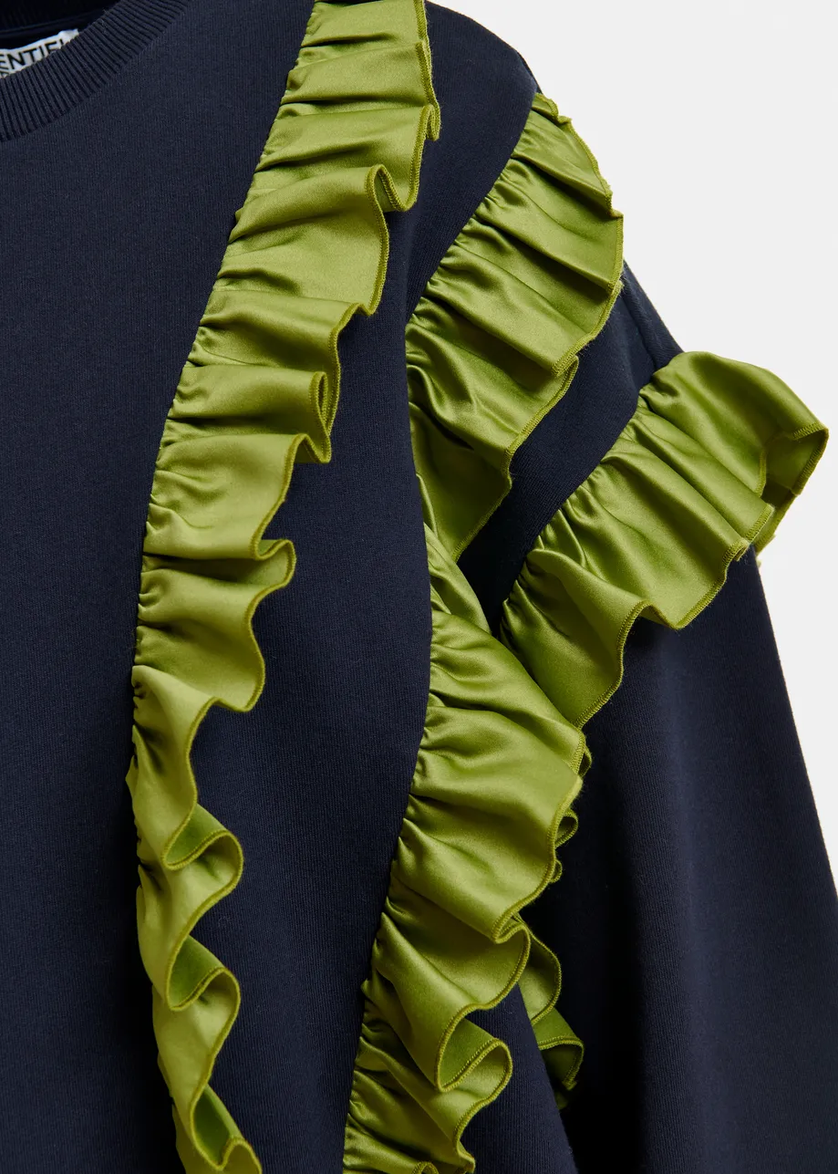 Navy cotton-blend sweatshirt with ruffle details