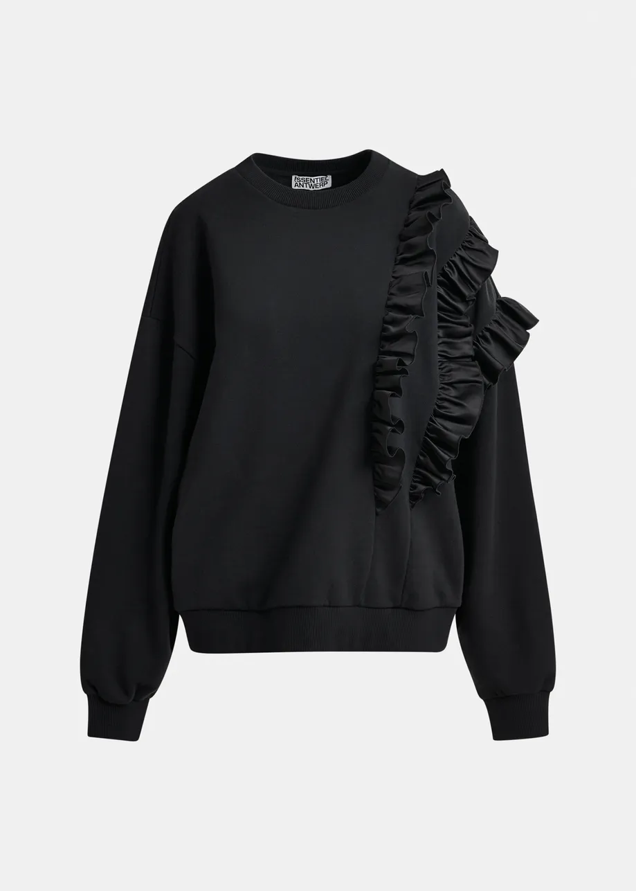 Zwarte katoenmix sweater met volantdetails