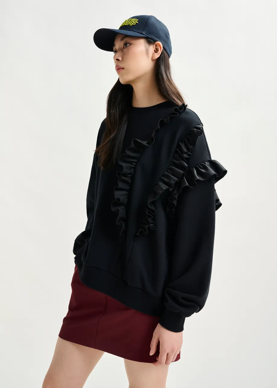 Zwarte katoenmix sweater met volantdetails