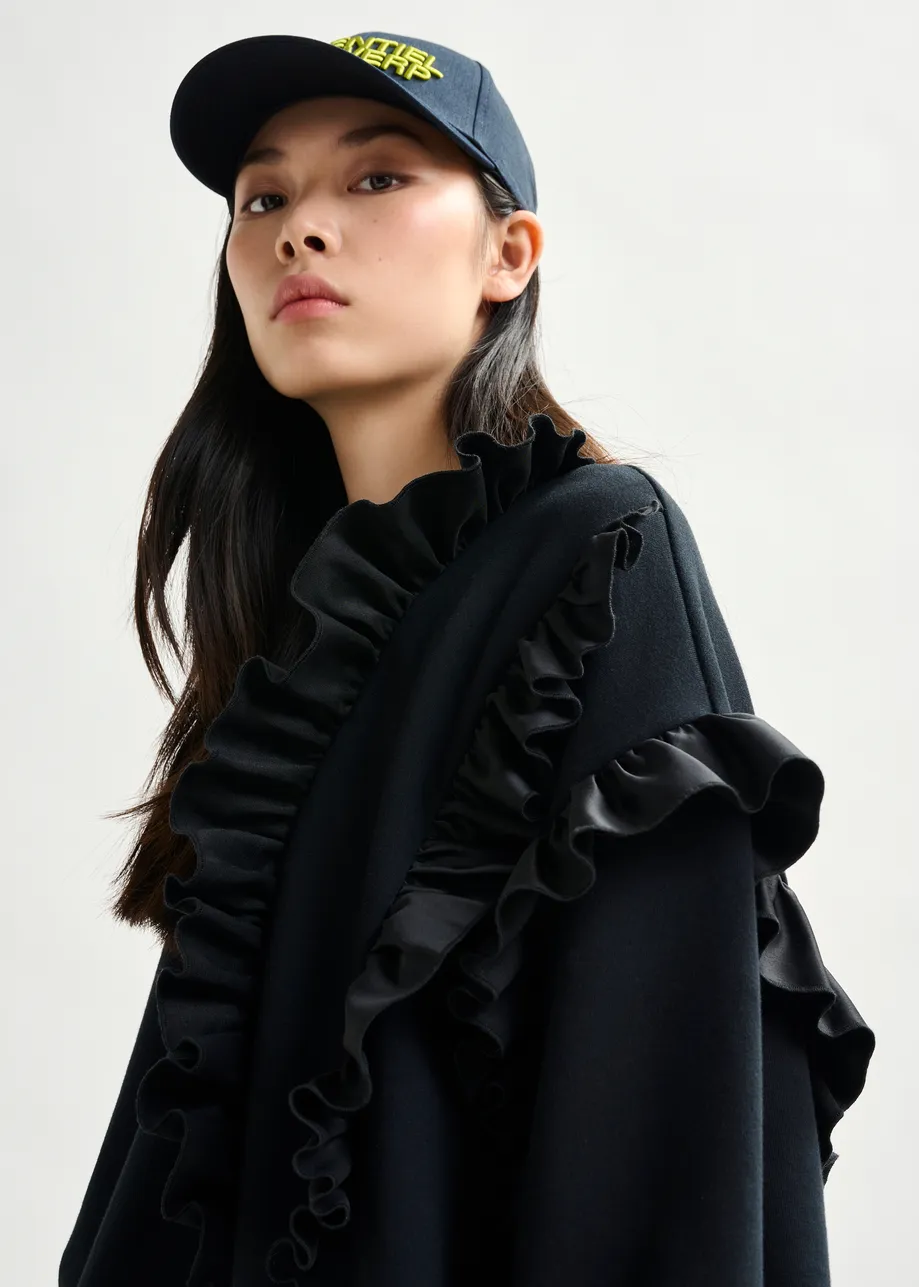 Zwarte katoenmix sweater met volantdetails