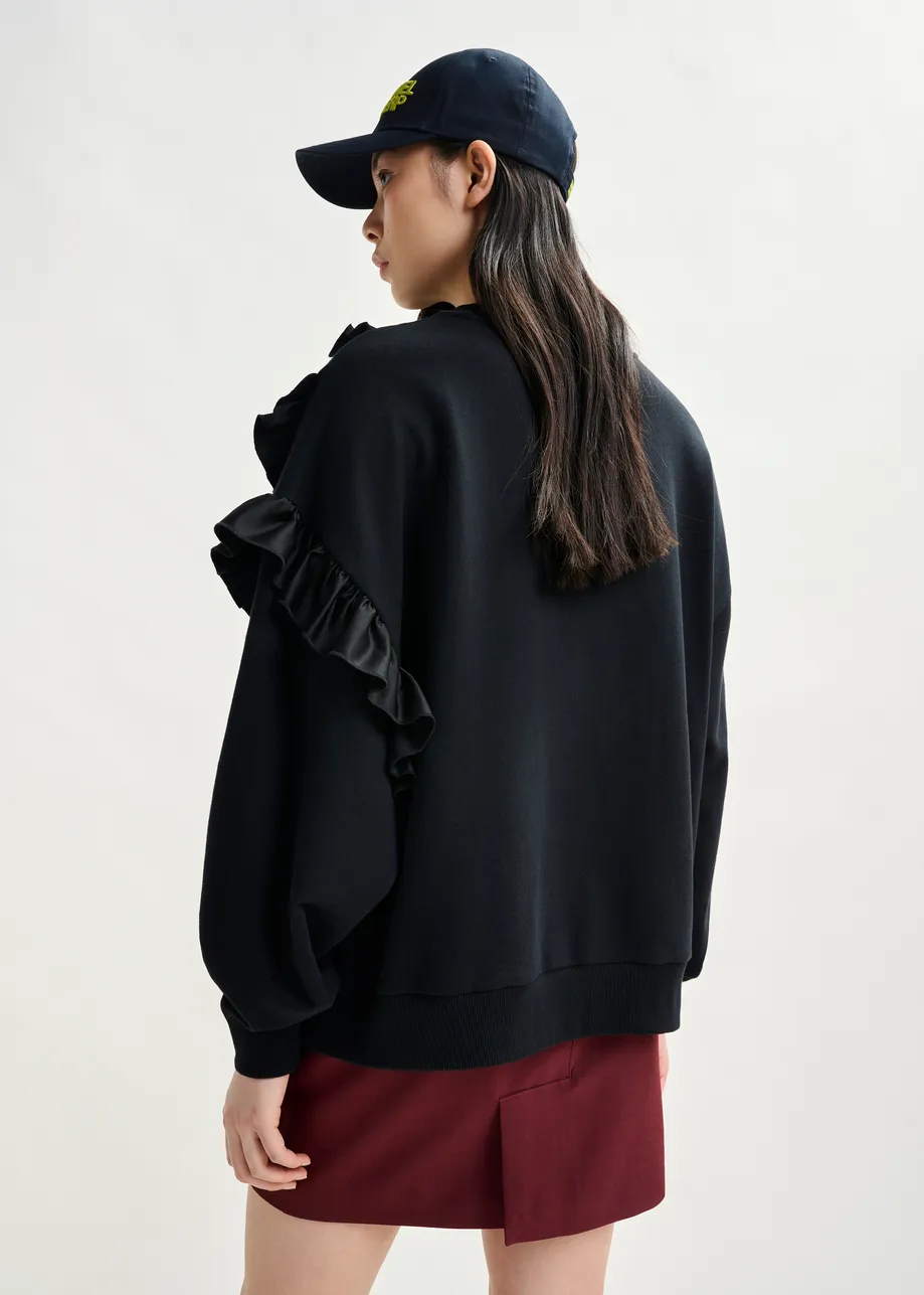 Zwarte katoenmix sweater met volantdetails