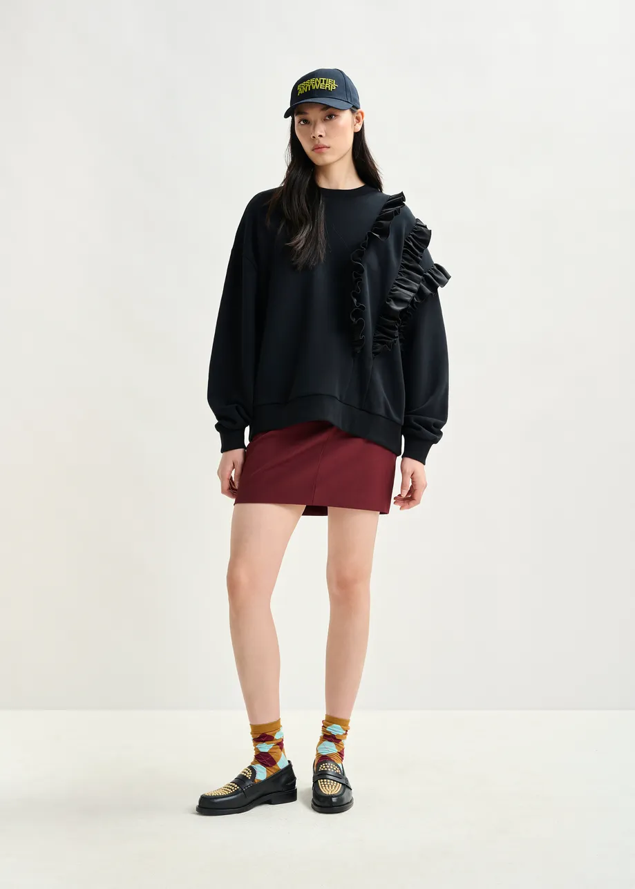 Zwarte katoenmix sweater met volantdetails
