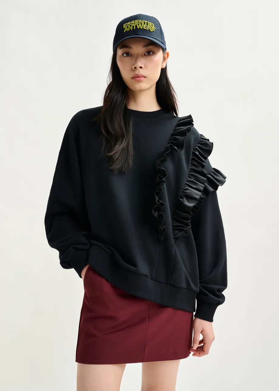 Zwarte katoenmix sweater met volantdetails