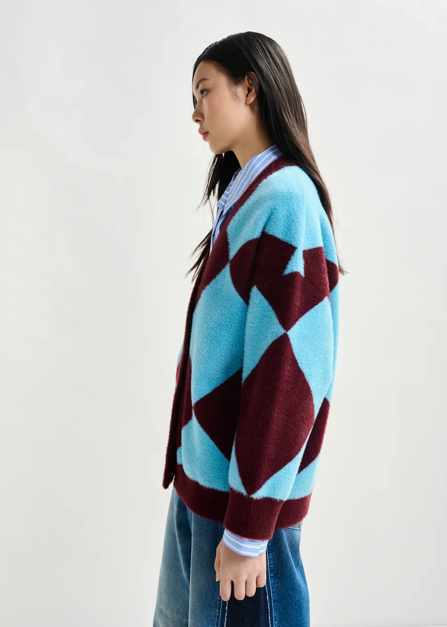Blauwe en bordeaux cardigan in harlekijnmotief met bloemknopen