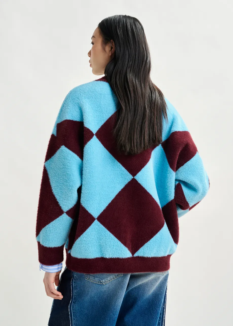 Blauwe en bordeaux cardigan in harlekijnmotief met bloemknopen