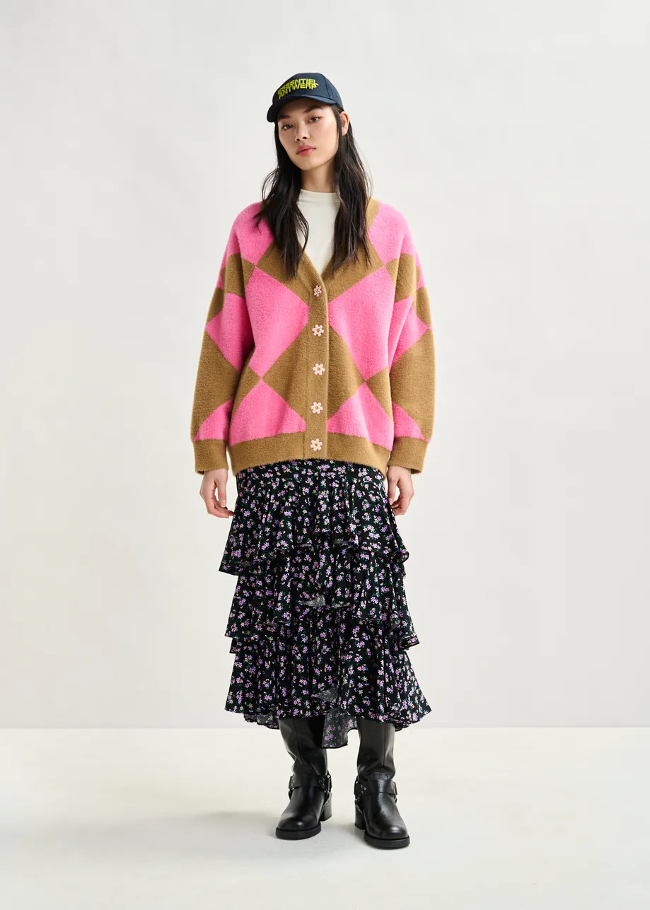 Brown and pink harlequin-patterned knit cardigan with flower-shaped buttons
