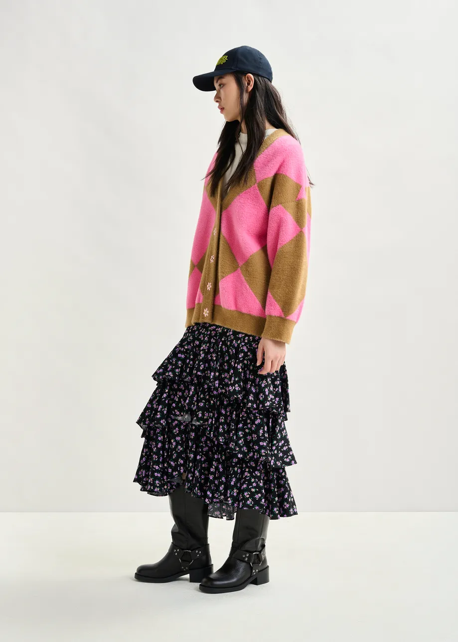 Brown and pink harlequin-patterned knit cardigan with flower-shaped buttons