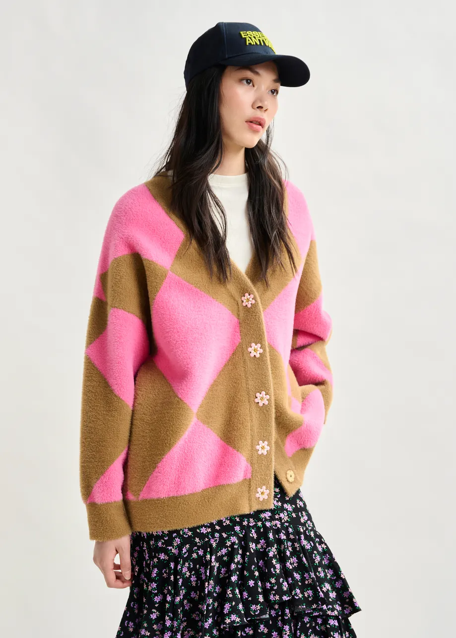 Brown and pink harlequin-patterned knit cardigan with flower-shaped buttons
