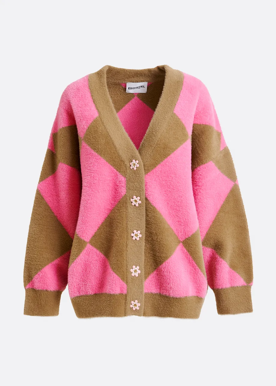Brown and pink harlequin-patterned knit cardigan with flower-shaped buttons