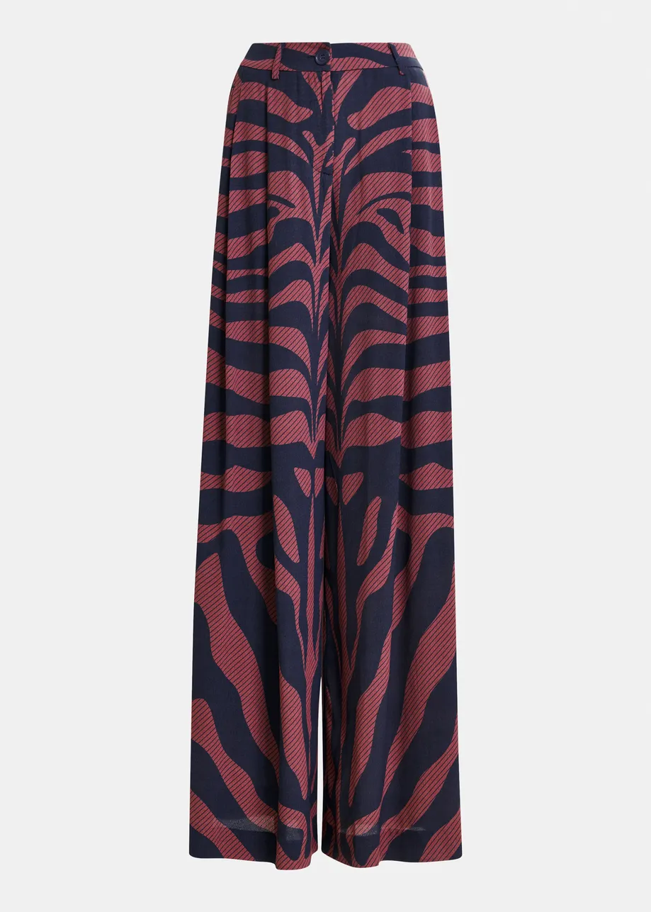 Pantalon large à imprimé zèbre bleu marine et rose foncé