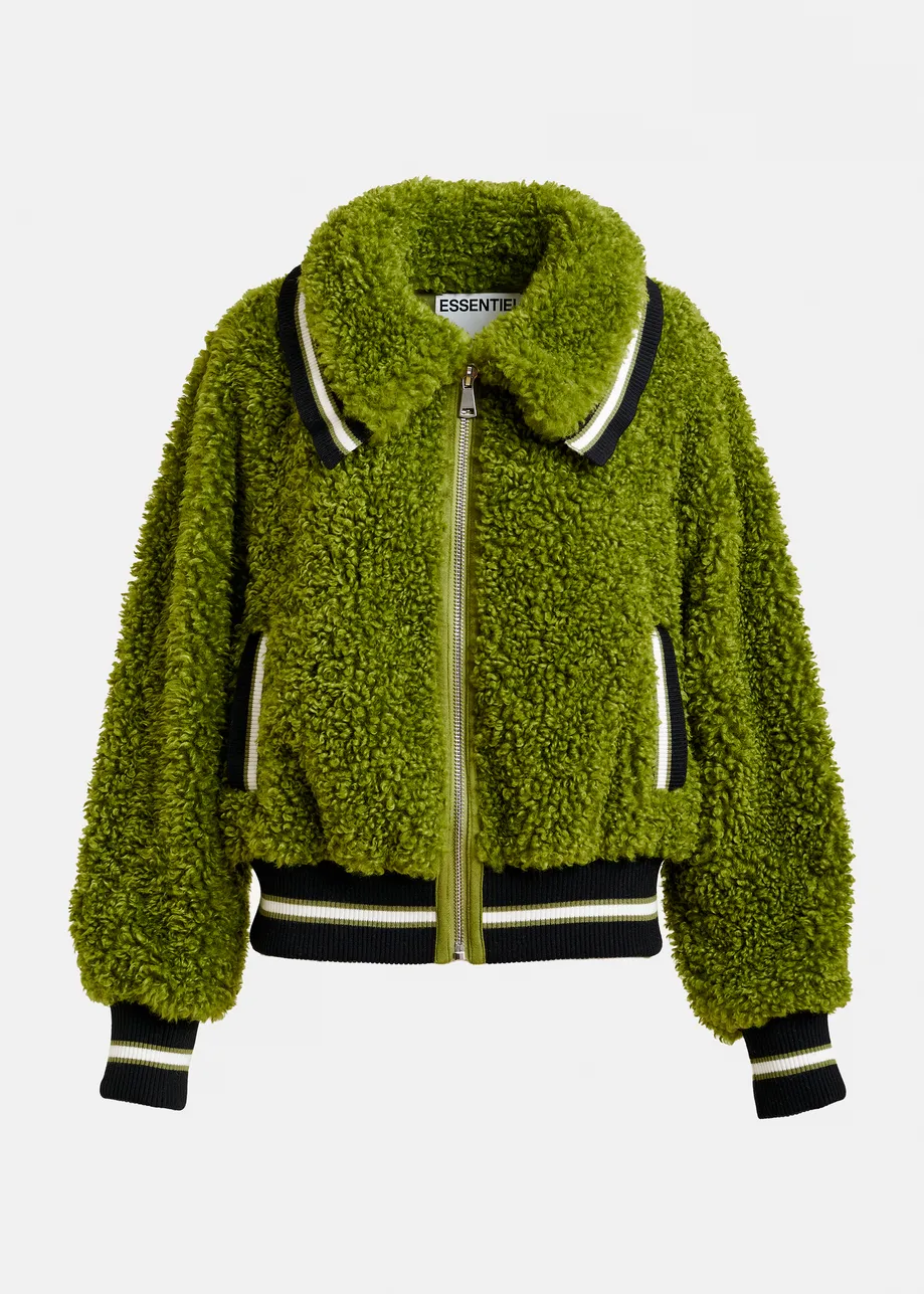Green, black and white oversized faux shearling bomber jacket