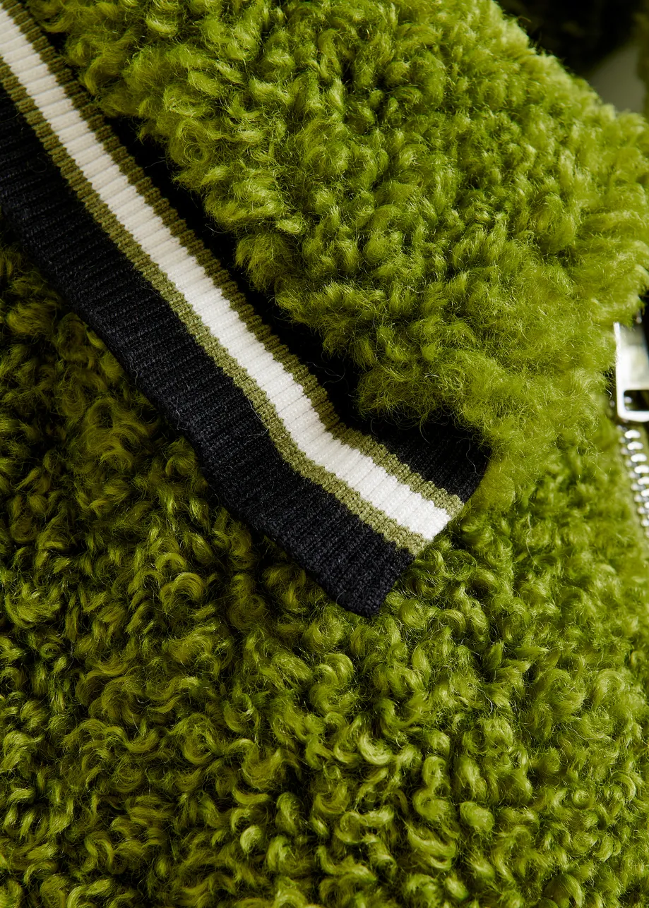 Green, black and white oversized faux shearling bomber jacket