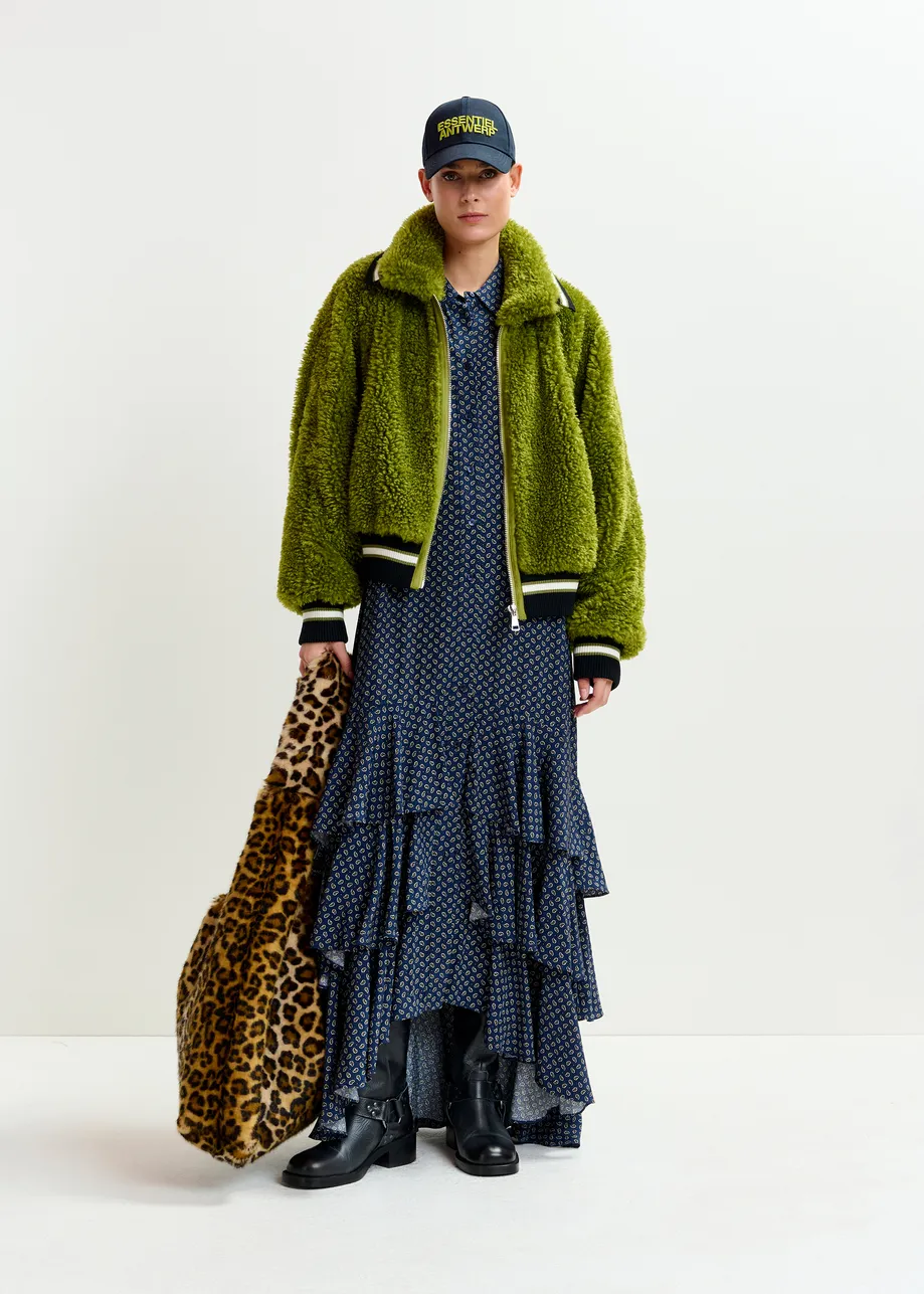 Green, black and white oversized faux shearling bomber jacket