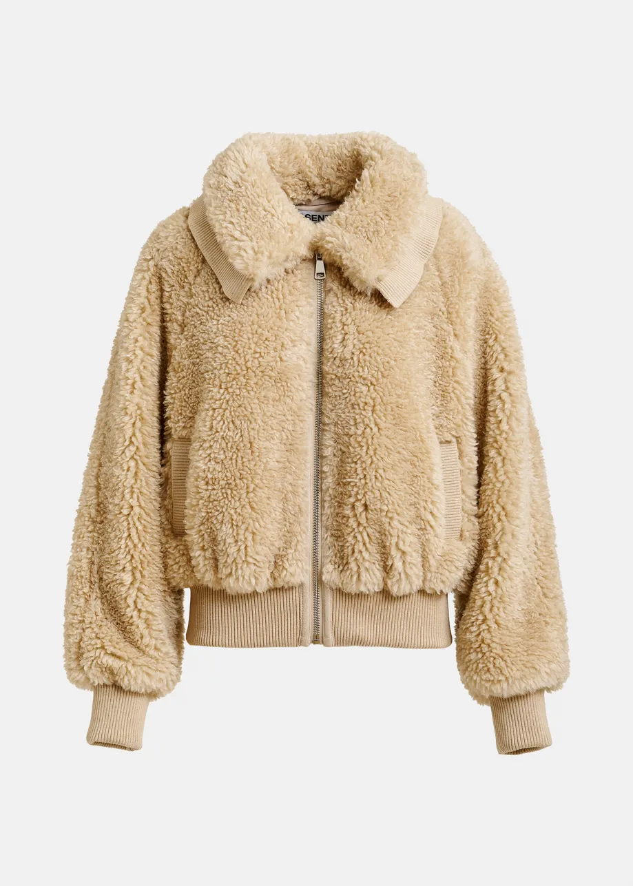 Beige oversized faux shearling bomber jacket