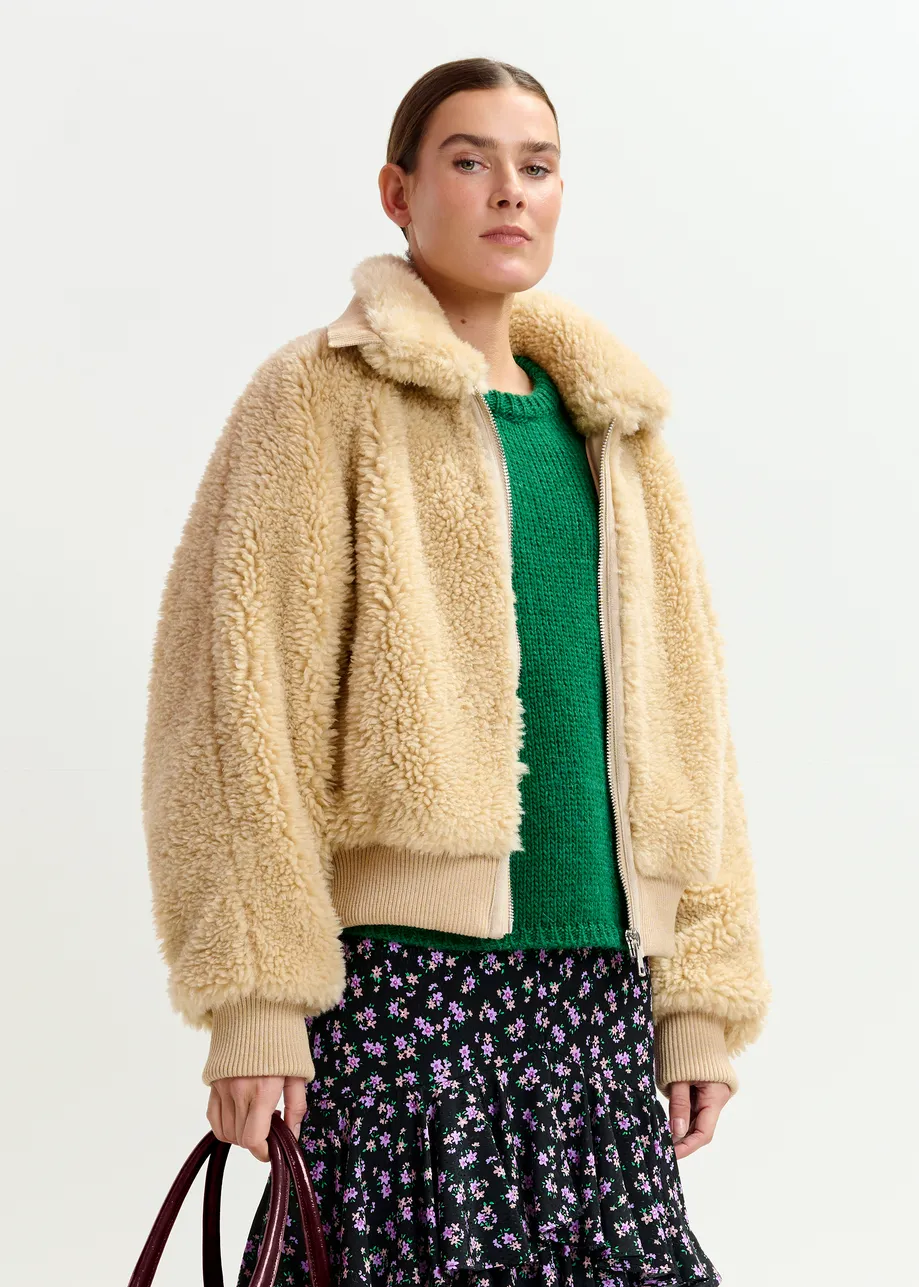 Beige oversized faux shearling bomber jacket