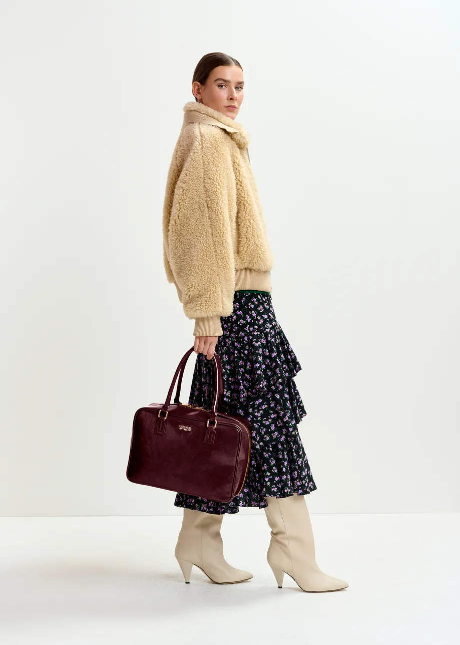 Beige oversized faux shearling bomber jacket