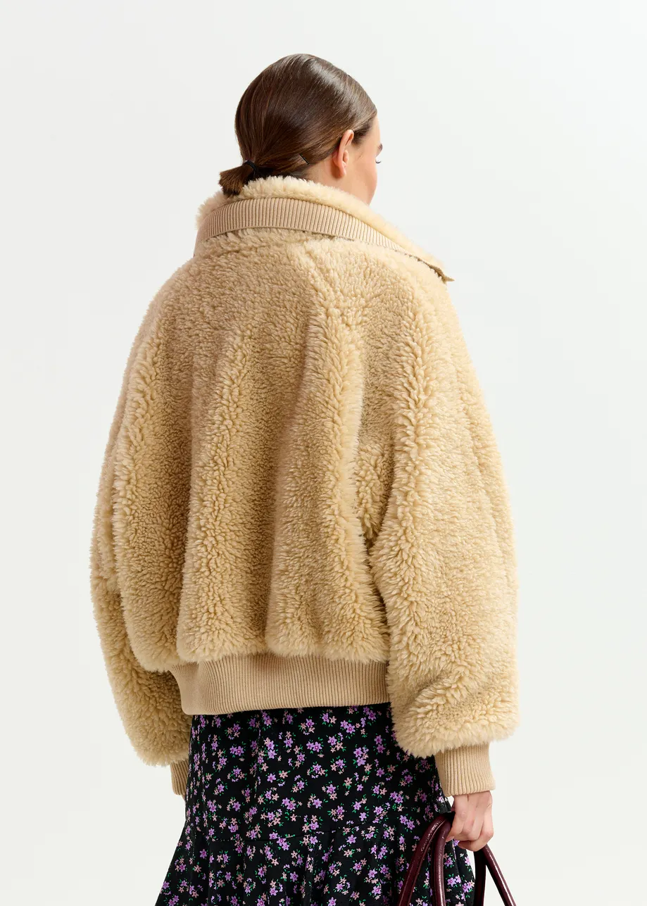 Beige oversized faux shearling bomber jacket