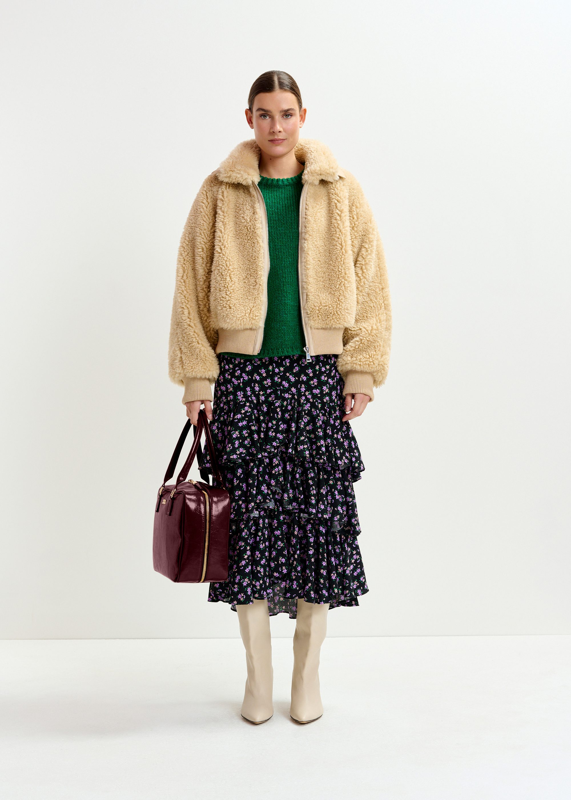 Beige oversized faux shearling bomber jacket | Essentiel Antwerp