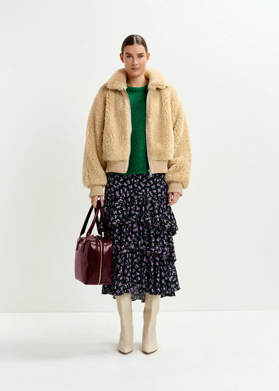 Beige oversized faux shearling bomber jacket