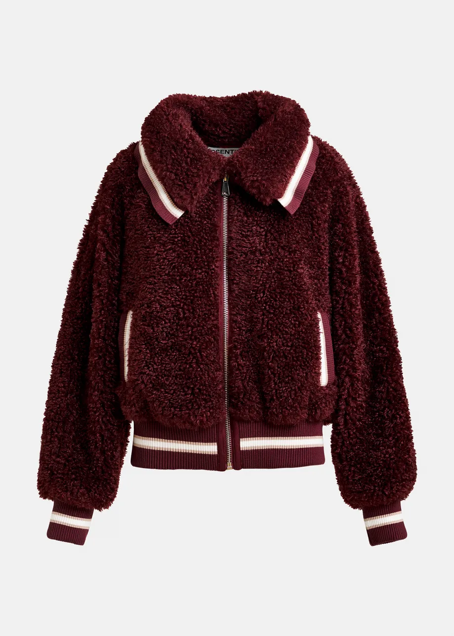 Burgundy and white oversized faux shearling bomber jacket