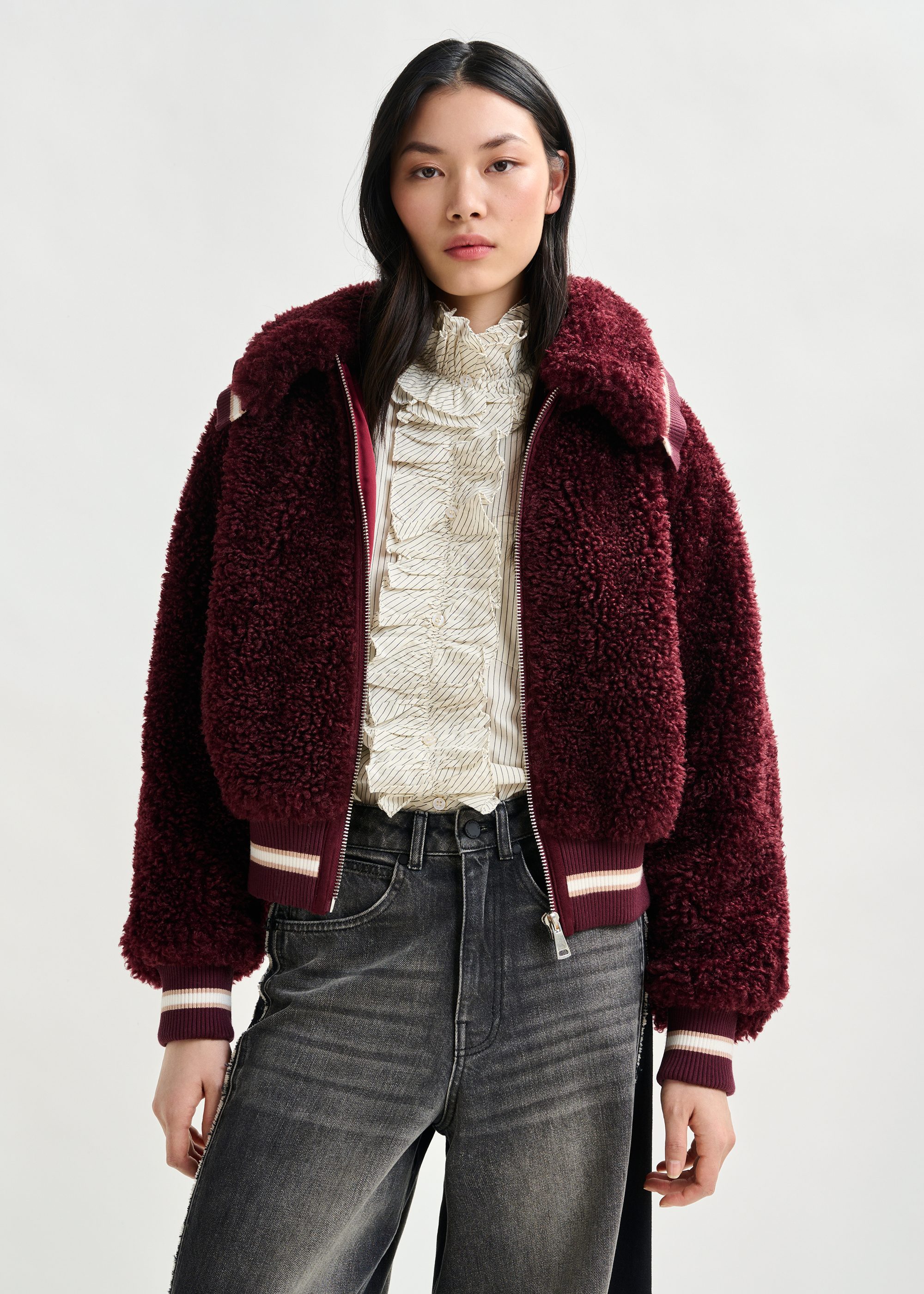 ジャケット・アウター berry Burgundy and white oversized faux shearling bomber jacket