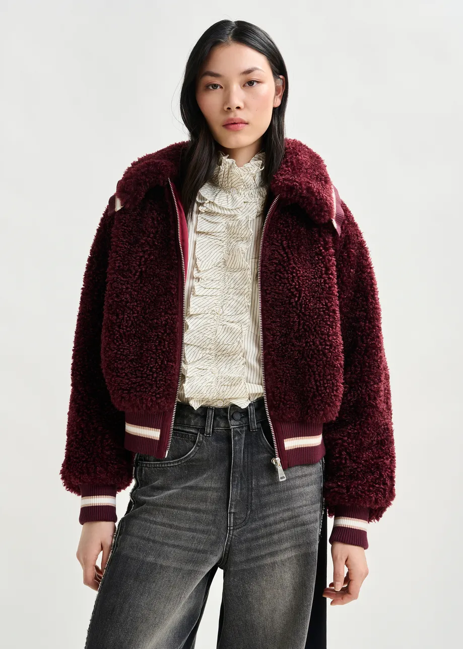 Burgundy and white oversized faux shearling bomber jacket