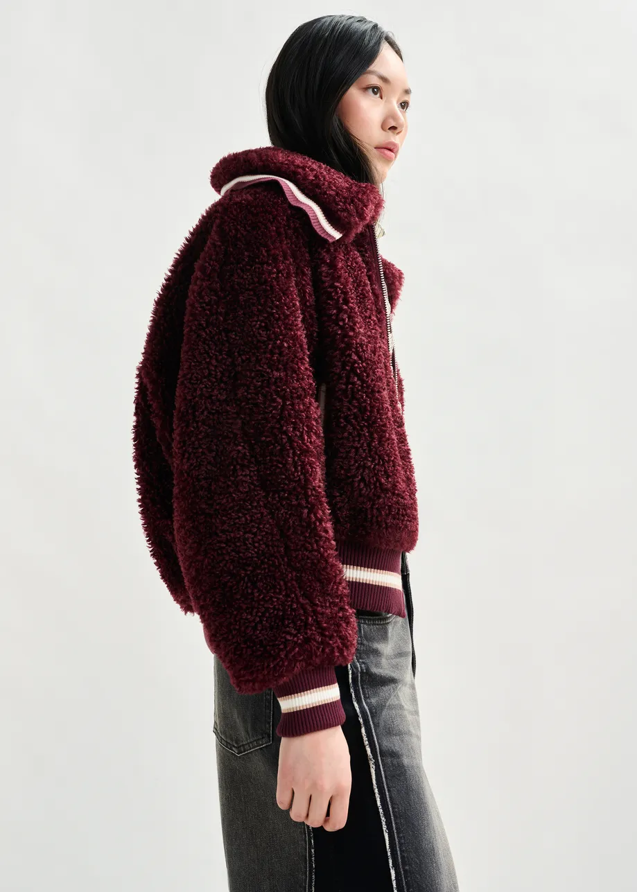 Burgundy and white oversized faux shearling bomber jacket